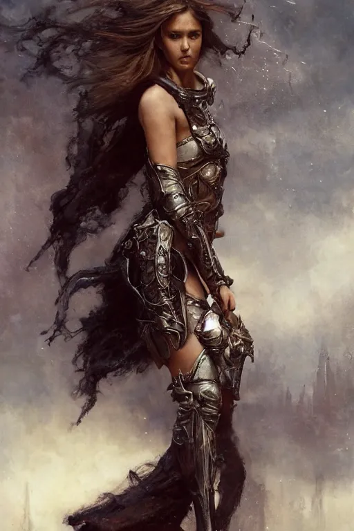 Image similar to dangerously agile jessica alba wearing black medieval armour, bare legs, detailed, by gaston bussiere, bayard wu, greg rutkowski, giger, maxim verehin, greg rutkowski, masterpiece, sharp focus, cinematic lightning