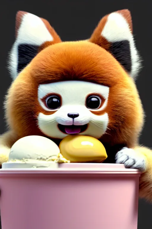 Image similar to high quality 3 d render hyperrealist very cute pastel fluffy! red panda & tarsier hybrid eating giant ice cream, vray smooth, in the style of detective pikachu, charlie immer, very dramatic light, low angle, uhd 8 k, shallow depth or field