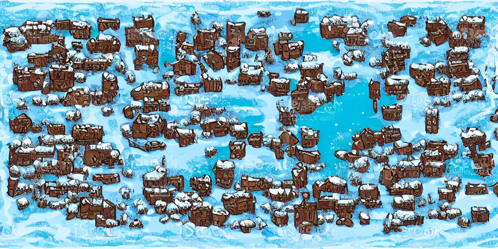 Prompt: a high detailed winter snow ice fantasy bandit camp vector art an aerial view of a cartoonish rpg village by dungeondraft, dofus, patreon content, hd, straight lines, vector, grid, dnd map, map patreon, fantasy maps, foundry vtt, fantasy grounds, aerial view, dungeondraft, tabletop, inkarnate, dugeondraft, roll 2 0