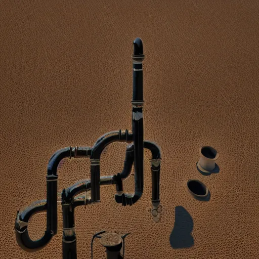 Prompt: a wind instrument made from a vertical arrangement of wide ceramic pipes in the shape of human vocal tracts blowing a pattern of vapour , soil landscape , 8k , octane , frontal view