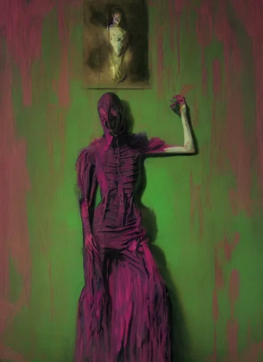 Image similar to a skinny artist drawn into the worlds madness. gothic, rich deep pink, blue and green colours, creepy, mystical, highly detailed and intricate, by francis bacon, edward hopper, adrian ghenie, glenn brown, soft light 4 k, pink and green colour palette, cinematic composition, cinematic lighting, high quality octane render