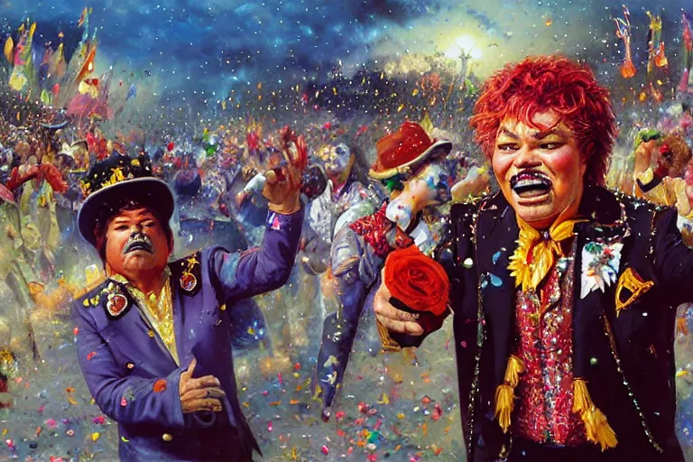 Image similar to portrait of rip taylor throwing confetti during a mexican funeral parade, an oil painting by ross tran and thomas kincade