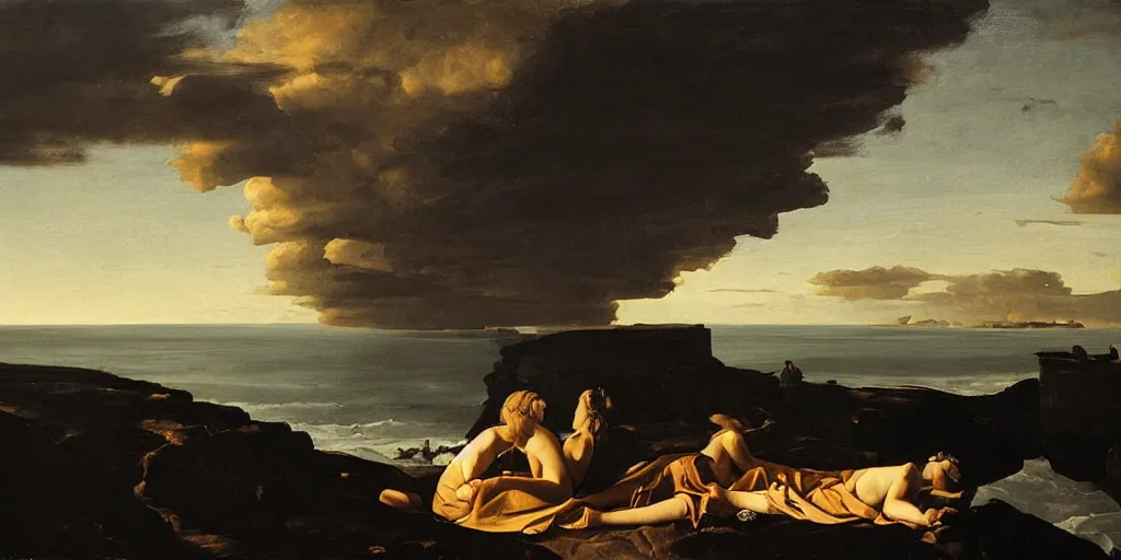 Prompt: beautiful oil matte portrait painting, people watching the stars at night on a portuguese cliff beach, wonderful masterpiece highly detailed, beautiful cinematic light deep focus, elegant, digital painting, smooth, sharp focus, golden ratio, dramatic illumination, ultra realistic, 8 k, art by artemisia lomi gentileschi and caravaggio