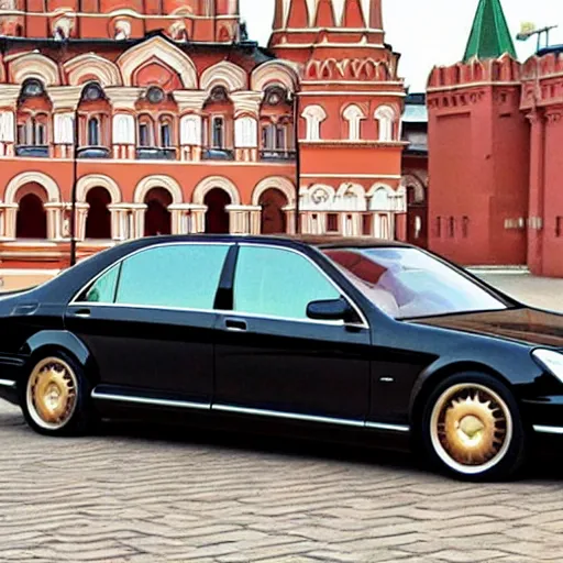 Image similar to gold Mercedes-Benz s500 long in the body 220 (w220) 2002 old year is located on the red square in Moscow