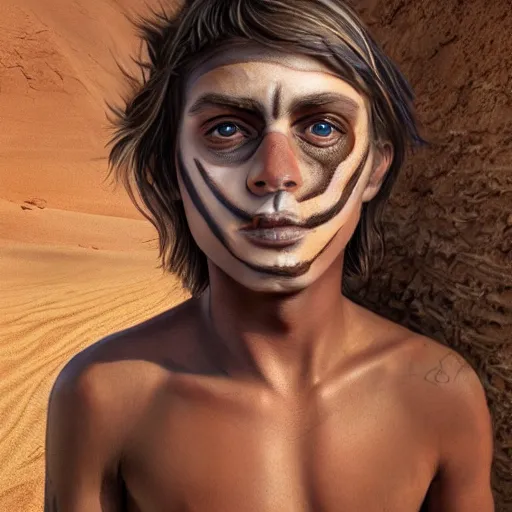 Prompt: a detailed portrait of a tan boy with a face tattoo in the desert, fantasy art illustration, incredibly highly detailed and realistic, 8 k, sharp focus