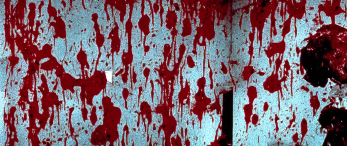 Image similar to filmic wide shot angle movie still 35mm film color photograph of a decapitated doctor with blood spewing from his neck and splattered blood all over the walls in a science lab in the style of a 1982 horror film