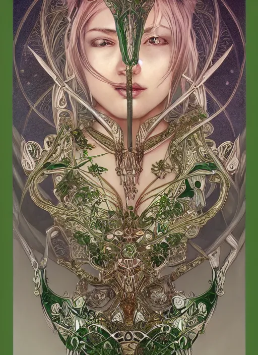 Prompt: symmetric, green fantasy sword, intricate, elegant, highly detailed, digital painting, 4k, HDR, concept art, detailed jewelry, smooth, sharp focus, illustration, art by Artgerm, H R Giger and Alphonse Mucha