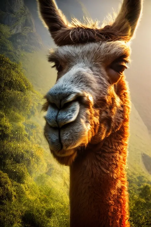 Image similar to portrait of a Llama, double exposure, andes mountain forest, ambient lighting, dynamic lighting, 4k, HQ, official media, detailed, trending on artstation, daily deviation, masterpiece anthro portrait