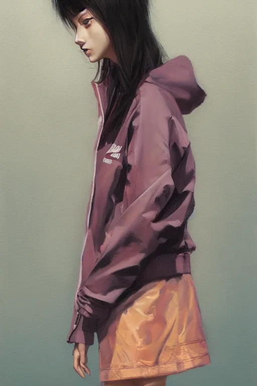 Image similar to A ultradetailed beautiful panting of a stylish girl wearing an oversized Nike jacket, Oil painting, by Ilya Kuvshinov, Greg Rutkowski and Makoto Shinkai