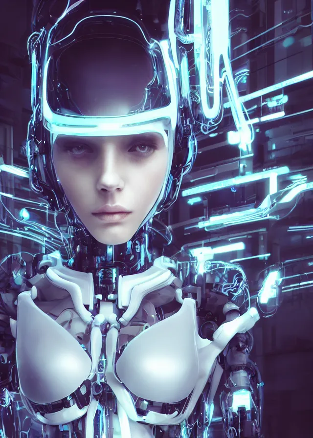 Image similar to white one cast futuristic biomechanics futuristic humanoid, pretty face, beautiful female, futuristic, neon lights, cyberpunk, 8 k, digital painting, by beeple and makoto shinkai, trending on cg society, glamour pose, fashion photography, high fashion, canon r 3, photorealistic, hyper realistic, full body, wide angle shot, photoshoot