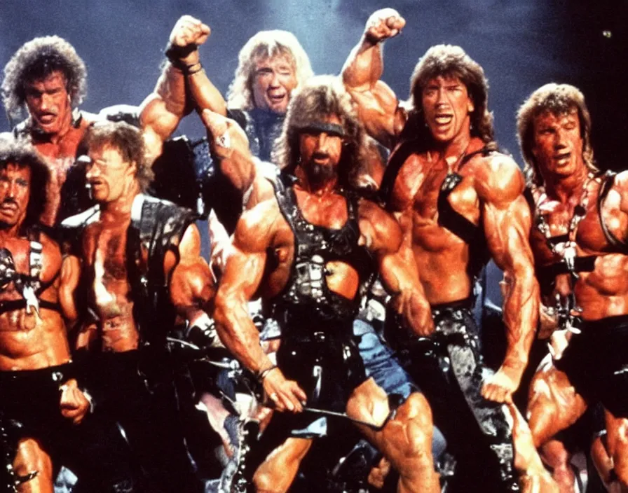 Image similar to colour photo off arnold schwarzenegger, sylvester stallone, dolph lundgren, Chuck Norris and Jean-Claude Van Damme in a heavy metal band, playing on stage in a heavy metal band 1985