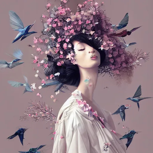 Image similar to long shot of a beautiful girl wearing an origami dress, eye - level medium shot, fine floral ornaments in cloth and hair, hummingbirds, elegant, by eiko ishioka, givenchy, by peter mohrbacher, centered, fresh colors, origami, fashion, detailed illustration, vogue, japanese, reallusion character creator