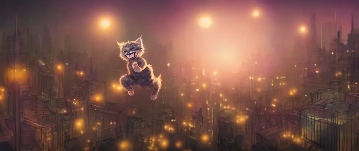 Prompt: hyper detailed concept art of choonky cute flooffy catman jumping, background the city at night sharp cinematic lighting 8k low angle shallow depth of field