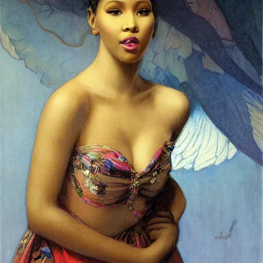 Image similar to romantic painted portrait of nicki minaj by james jean, mucha, andrew loomis, masterpiece