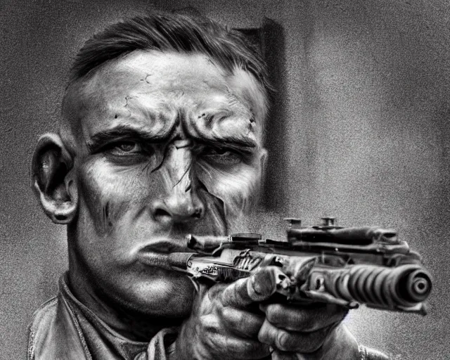 Image similar to A soldier aiming a gun with a hateful face, world war 1, close-up, realistic face, beautiful face detail, mature facial features, black and white, amazing digital art, hyper detailed, artstation, in the style of Tony Sart