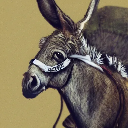 Image similar to donkey sitting on benjamin netanyahu picture, photorealistic, detailed, photograph