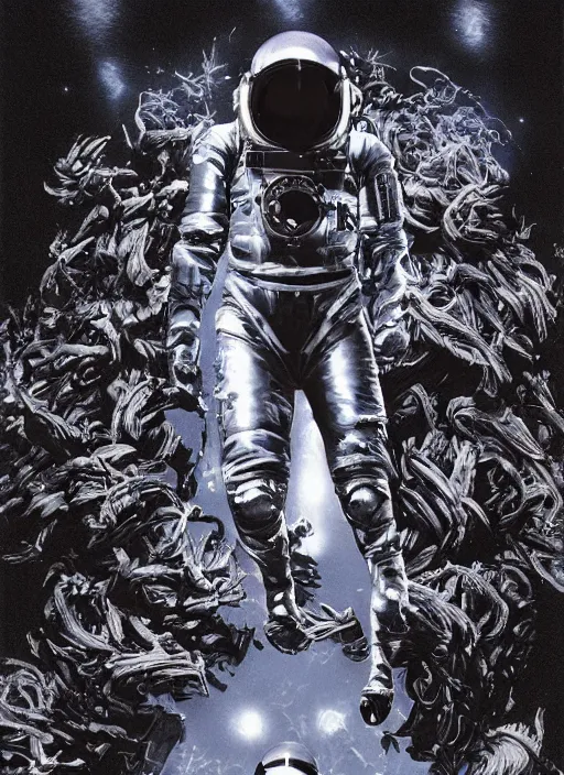 Image similar to astronauts in dark and empty void underwater - complex and hyperdetailed suit. reflection and dispersion materials. rays and dispersion of light. volumetric light. 5 0 mm, f / 3 2. noise film photo. flash photography. ultra realistic, wide angle. poster by wayne barlowe, hajime sorayama aaron horkey, craig mullins. dark key.