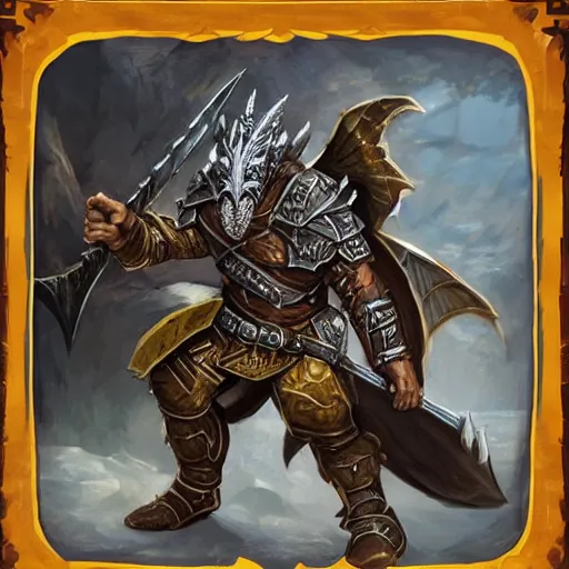 Image similar to a dragonborn warrior from the pathfinder rollplaying game wearing overlapping armor pieces with a spiked shield on one arm and an intricate, many - toothed spear in the other hand striking a heroic pose