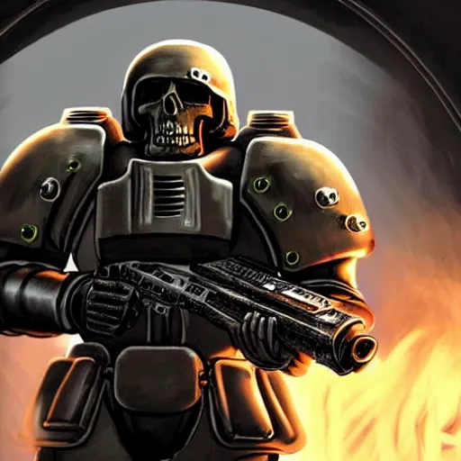 Prompt: a single human marine soldier full body with normal anatomy Warhammer 40k, wearing a small space marine skull helmet, wearing a full suit of symmetrical black space marine armor plating, golden skulls decorating armor, walking, holding arm up and aiming a bolt pistol, battlefield scene with smoke, seamless, grunge aesthetic