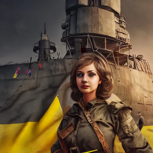 Image similar to ukrainian girls with ukrainian flag near big ruined warship, happy, concept art, trending on artstation, highly detailed, intricate, sharp focus, digital art, 8 k