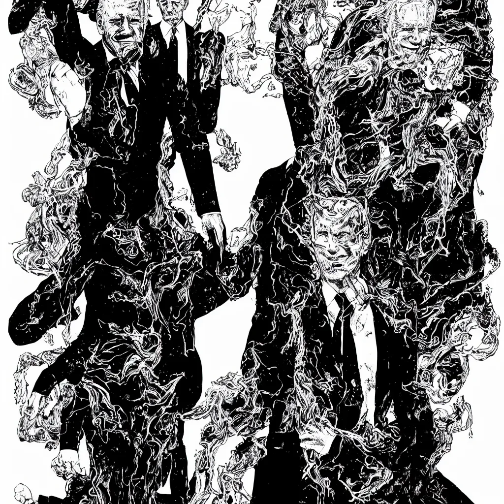 Image similar to Joe Biden full body portrait, body horror, black and white Illustration by Junji Ito