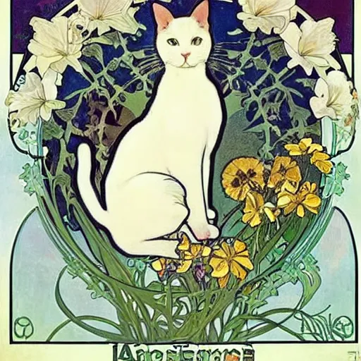 Prompt: white short haired cat, surrounded by flowers, Alphonse mucha, art nouveau, poster art, beautiful art nouveau advertisement