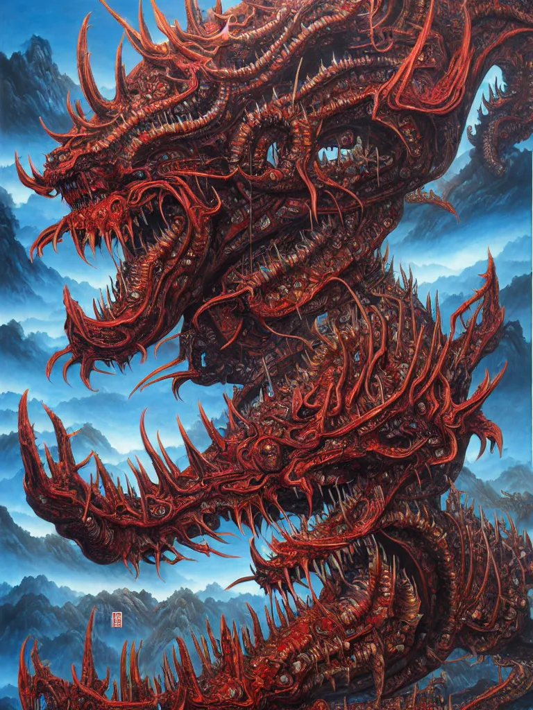 Image similar to realistic detailed image of Technological Nightmare Abomination Monster God by Hou Yimin, Dan Howard, Allan Houser, Alice Hunt and Peter Hurd, Neo-Pagan, rich deep colors. Painting by Byun Shi Ji and Jiang Feng masterpiece