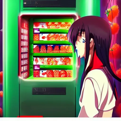 Image similar to “Shinji from Eva buying berries from a berry vending machine on a futuristic space ship, anime, artstation”