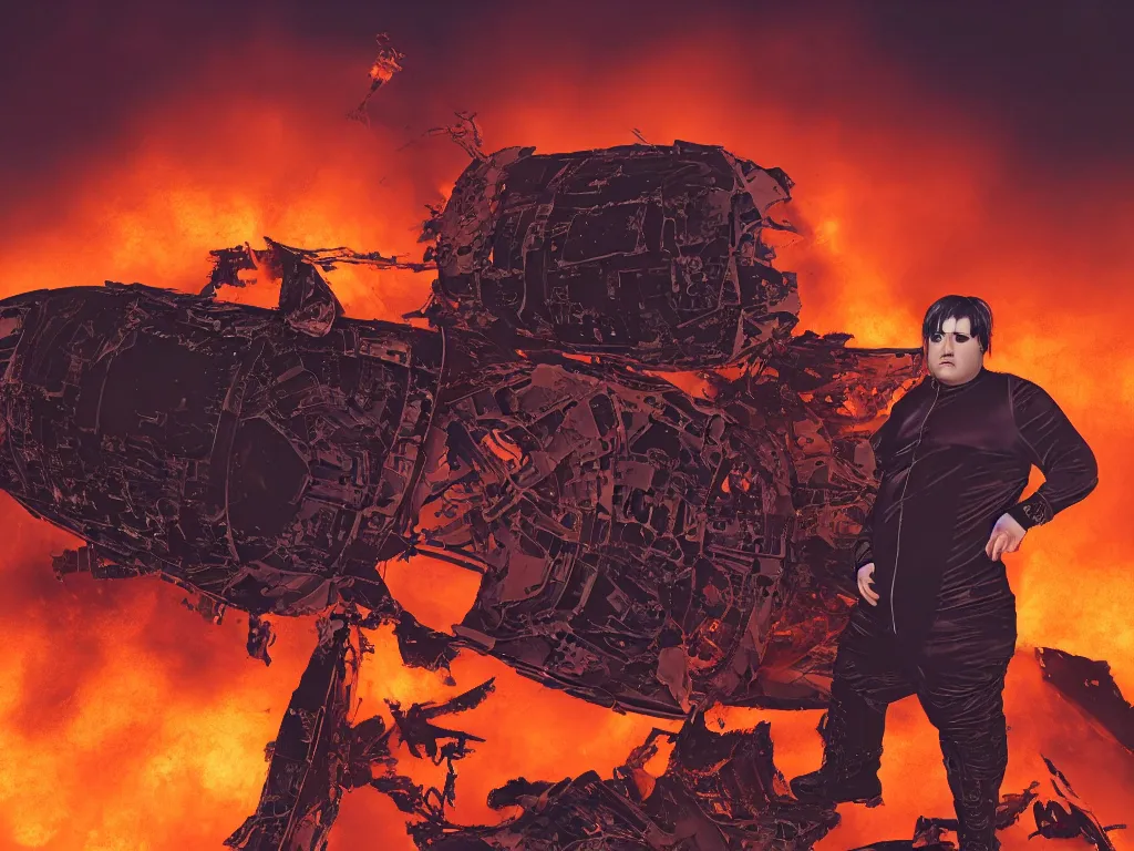 Image similar to portrait of an overweight person with emo haircut, wearing gothy purple and black space spandex suits, standing next to smashed burning spacecraft wreckage, on the orange surface of mars, highly detailed, dramatic lighting, photorealistic, cinematic
