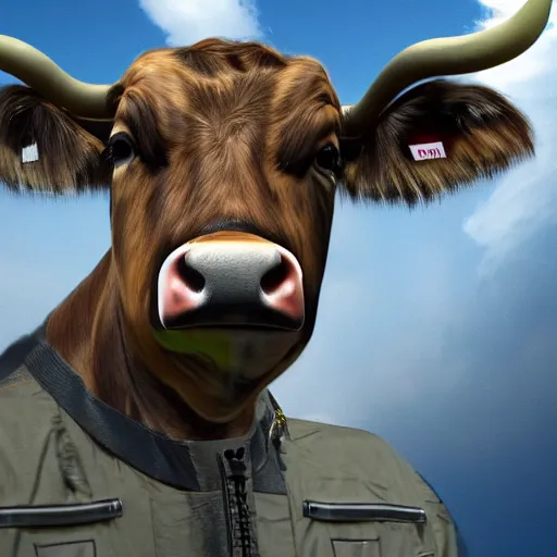 Image similar to a highly detailed ultra realistic photograph of a cow dressed in a fighter jet jumpsuit and mask