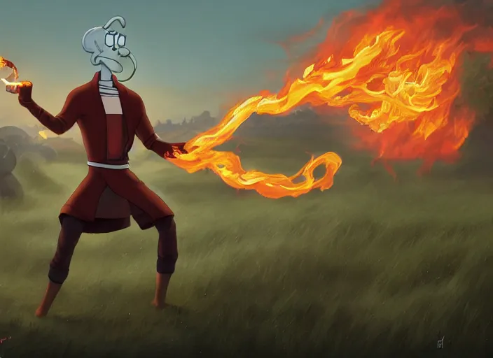 Image similar to squidward wearing fire nation clothing and practicing firebending in an open field at susnset, digital art, highly detailed, intricate, 8 k, greg rutkowski, artgerm