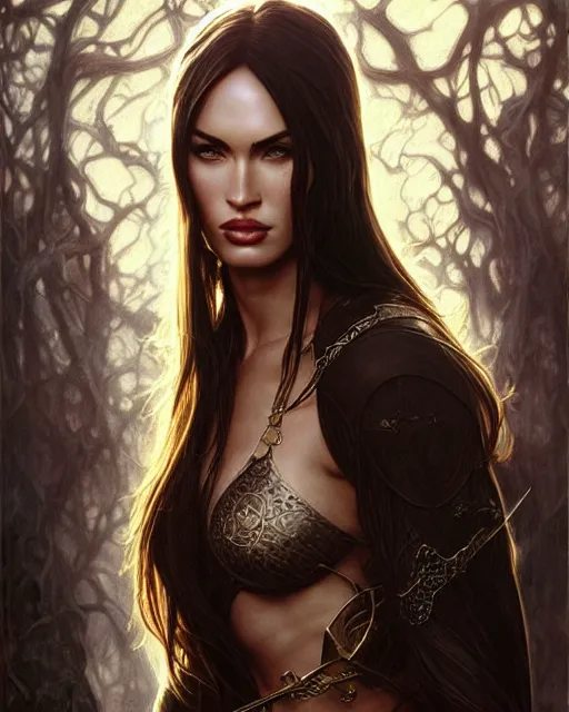 Image similar to portrait of megan fox as an elven mage, dark, piercing eyes, gentle expression, elegant clothing, photorealistic, highly detailed, artstation, smooth, sharp focus, art by michael whelan, artgerm, greg rutkowski and alphonse mucha