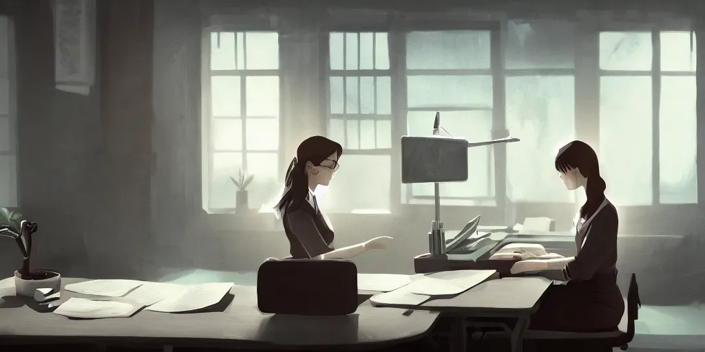 Image similar to an environmental concept art of a female student sitting at a desk, highly detailed, cinematic, dramatic lighting, close shot by francis tneh