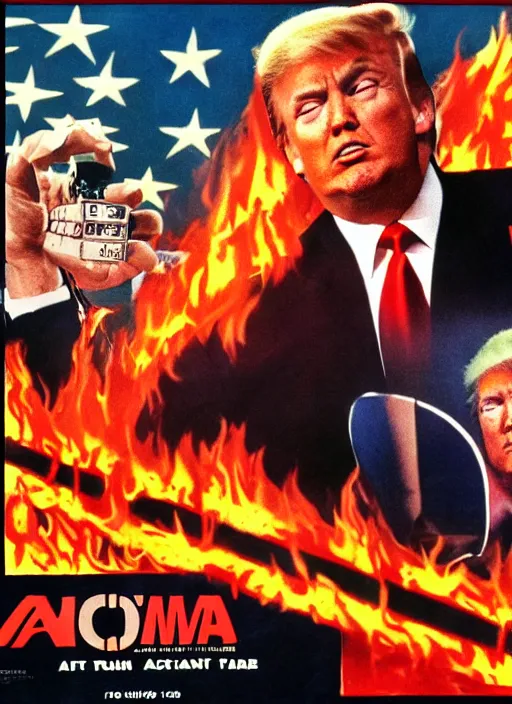 Image similar to an 8 0's john alvin action movie poster of donald trump starring in trumpster fire. explosions.