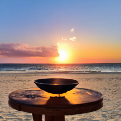 Image similar to professional photo of empty white dish in the middle of a table with a sunset on the beach in the background