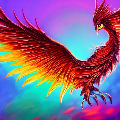 Image similar to artwork of a phoenix, highly detailed, artstation, rainbow colors, night black sky background, smooth illustration, digital art, unreal engine, ultra realistic, fine art, concept art