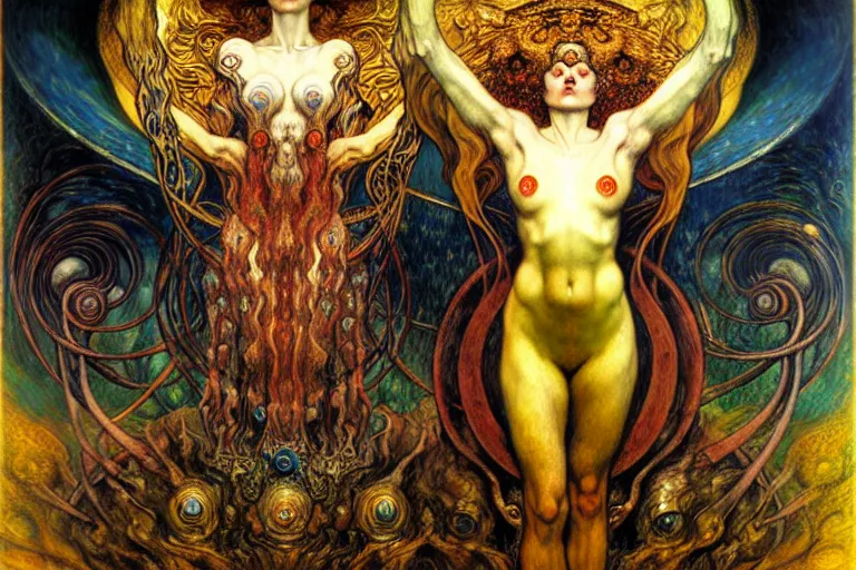 Image similar to Divine Chaos Engine by Karol Bak, Jean Delville, William Blake, Gustav Klimt, and Vincent Van Gogh, symbolist, visionary