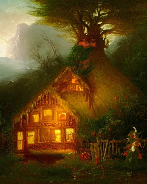 Prompt: an oil painting of a candy - covered gingerbread witch's house in the forest, by thomas cole, ivan shiskin, and james gurney