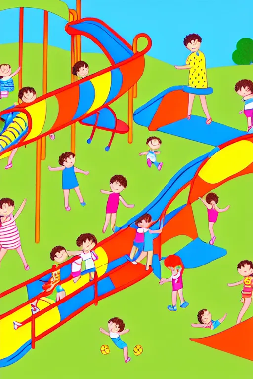 Prompt: highly detailed illustration of children playing in a playground in a sunny day