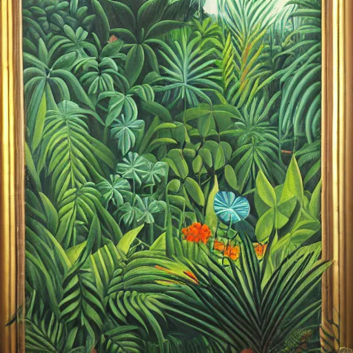 Prompt: a jungle scenery by henri rousseau
