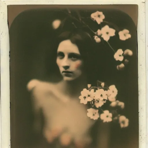 Image similar to portrait of a beautiful woman corpse covered in flowers, 1910 polaroid photography,