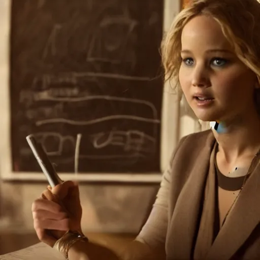 Image similar to the first still from the professor, directed by christopher nolan, shows jennifer lawrence at a chalkboard, 4 k