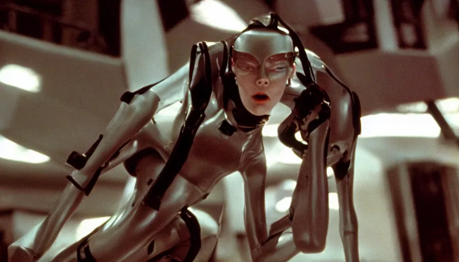 Image similar to The matrix, LeeLoo, Starship Troopers, Clarice Starling, Sprinters in a race with a clear winner, The Olympics footage, intense moment, cinematic stillframe, shot by Roger Deakins, The fifth element, vintage robotics, formula 1, starring Geena Davis, sports photography, clean lighting