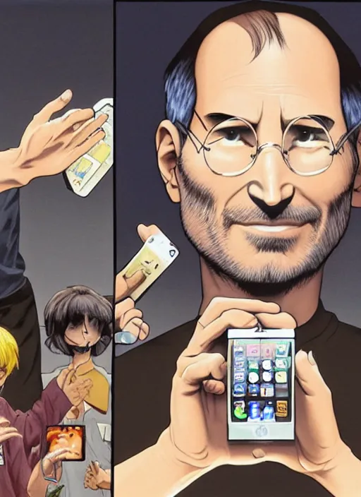 Prompt: steve jobs revealing the iphone as manga, 8 k, color, by katsuhiro otomo and hiroya oku and makoto yukimura