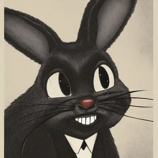 Image similar to A extremely highly detailed majestic hi-res beautiful, highly detailed head and shoulders portrait of a scary terrifying, horrifying, creepy black cartoon rabbit with scary big eyes, earing a shirt laughing, hey buddy, let's be friends, in the style of Walt Disney