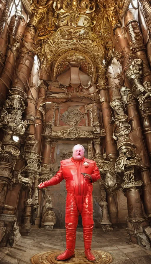 Prompt: Kenneth McMillan as baron harkonnen with red hair dressed in a leather spacesuit standing in front of a giant throne in a huge ornate baroque futuristic room with a low ceiling, marble pillars, beautiful tiled floor, inspired by leyendecker, zdzislaw beksinski, giger, lawrence alma-tadema, 4k, dune concept art, sung choi, artstation photoreal, subdued colours, highly detailed