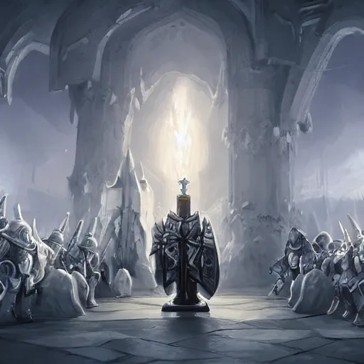 Prompt: a giant white chess knight piece, knight chess, glowing chess knight, knight chess piece, knight chess, chess knight, battlefield background, bright art masterpiece artstation. 8 k, sharp high quality artwork in style of jose daniel cabrera pena and greg rutkowski, concept art by tooth wu, hearthstone card game artwork, chess knight