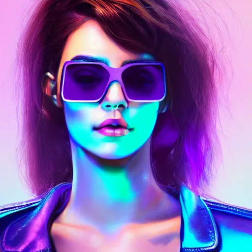 Image similar to closeup painting of a very beautiful young mexican cyberpunk woman with a smirk, wearing light blue venetian blind shades and a purple coloured leather jacket, one side haircut, long brown hair with light blue ends, portrait, hyperdetailed, artstation, cgsociety, 8 k, synthwave image