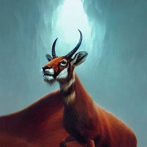 Prompt: a dramatic portrait of a antelope in!!! tiger!!! skin, cinematic lighting, symmetric face by karol bak, christopher balaskas