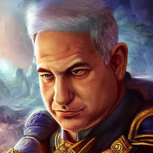 Image similar to An epic fantasy anime style portrait painting of Benjamin Netanyahu, unreal 5, DAZ, hyperrealistic, octane render, cosplay, RPG portrait, dynamic lighting